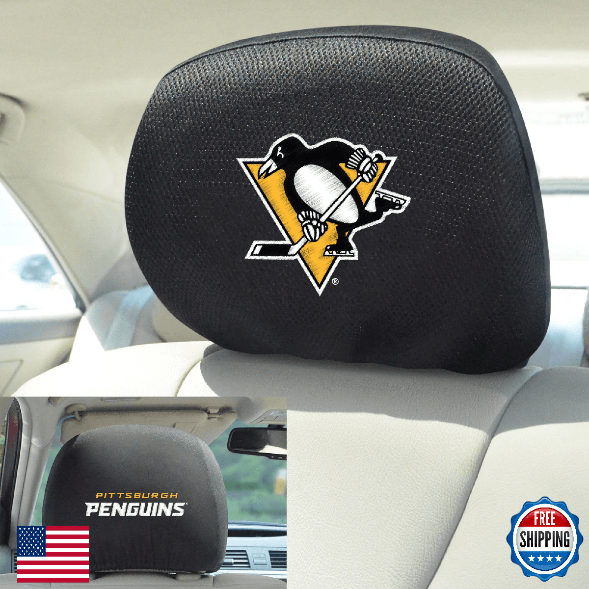 FANMATS Pittsburgh Penguins Embroidered Headrest Cover Set - 2 Pcs - Image 1