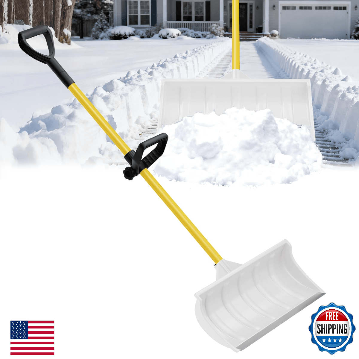 Snow Pusher Snow Plow Shovel with Ergonomic Dual D-Handles 22'' UHMW Blade Light - Image 1