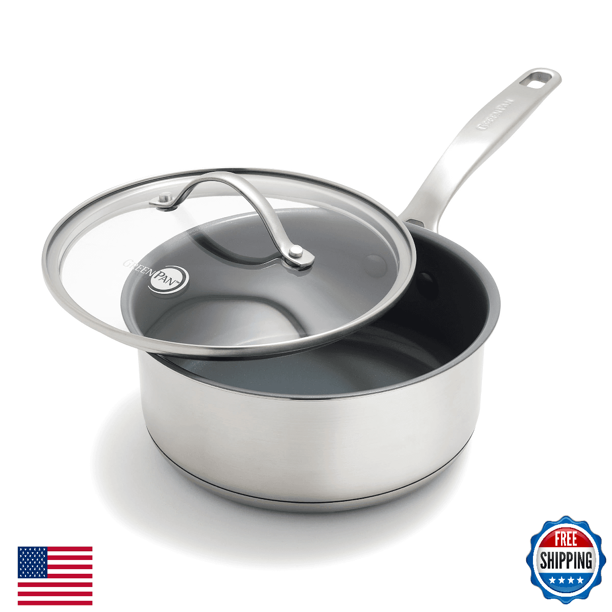 GreenPan Stainless Steel Treviso 2.1QT Saucepan with Lid, Healthy Ceramic Nonsti - Image 1