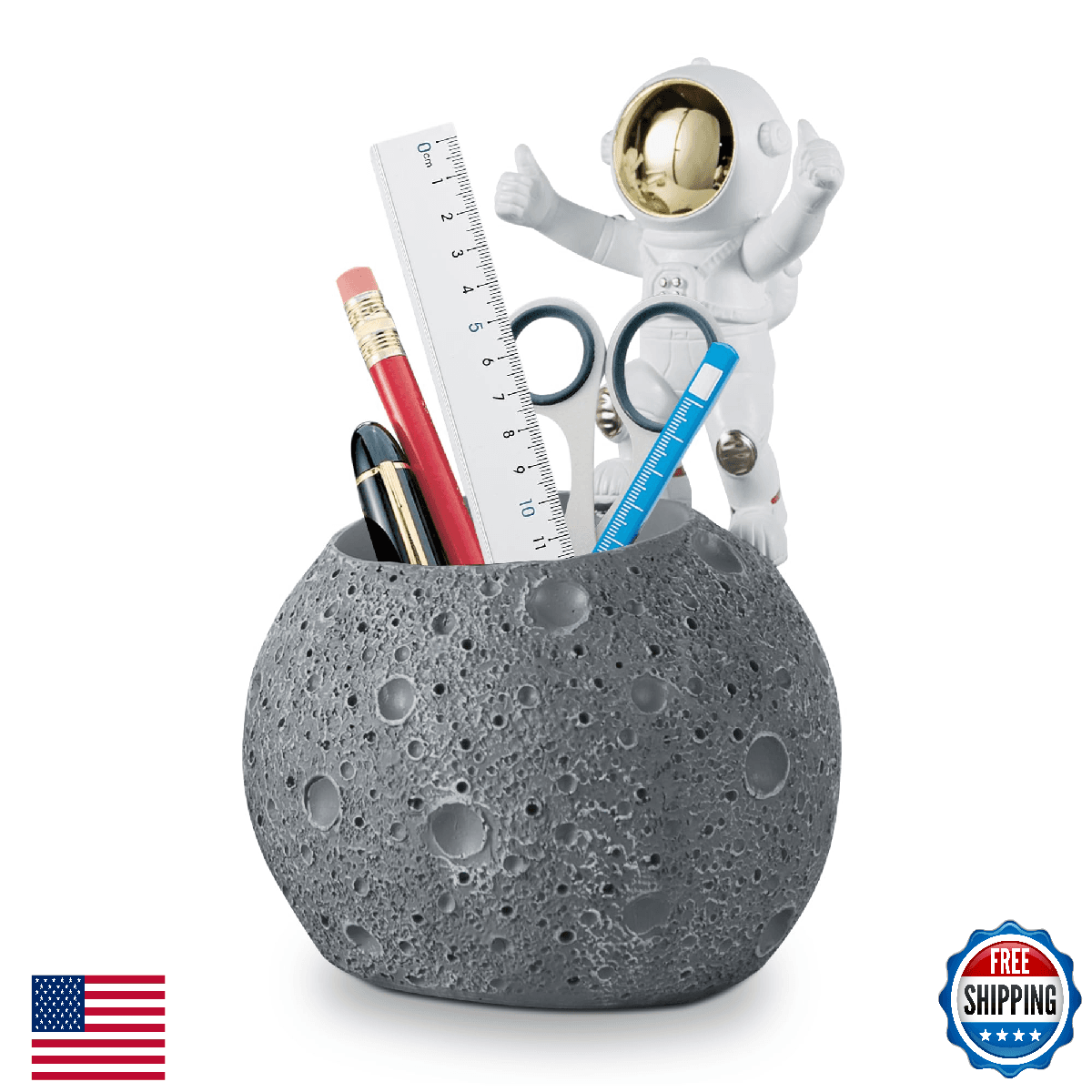 Kimdio Astronaut Moon Pen Holder Desk Organizer, Resin Pencil Pot Stand 7" H - Image 1