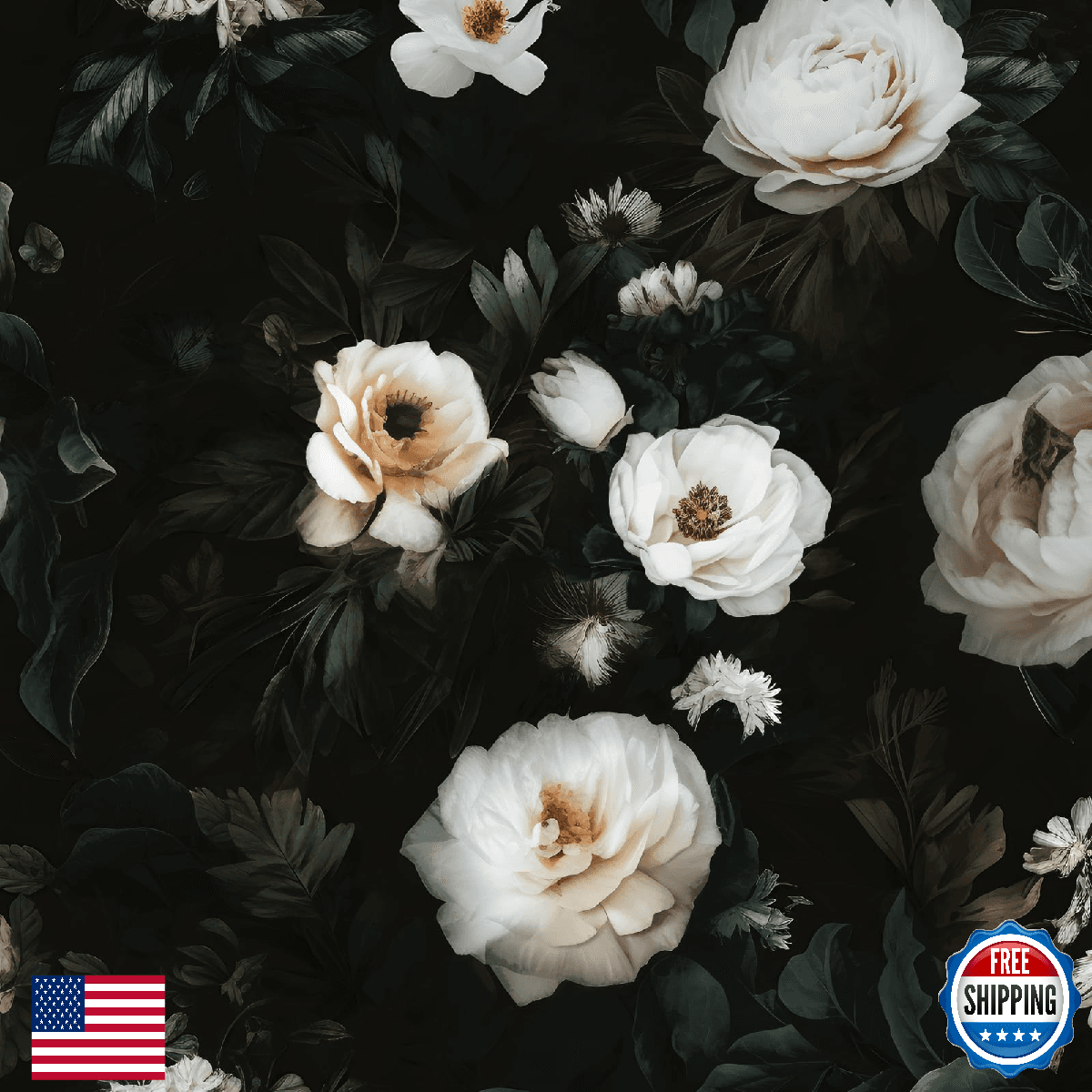 Black Floral Peel & Stick Wallpaper - Vintage Dark Moody - 17.5"x 393" Removable - Image 1
