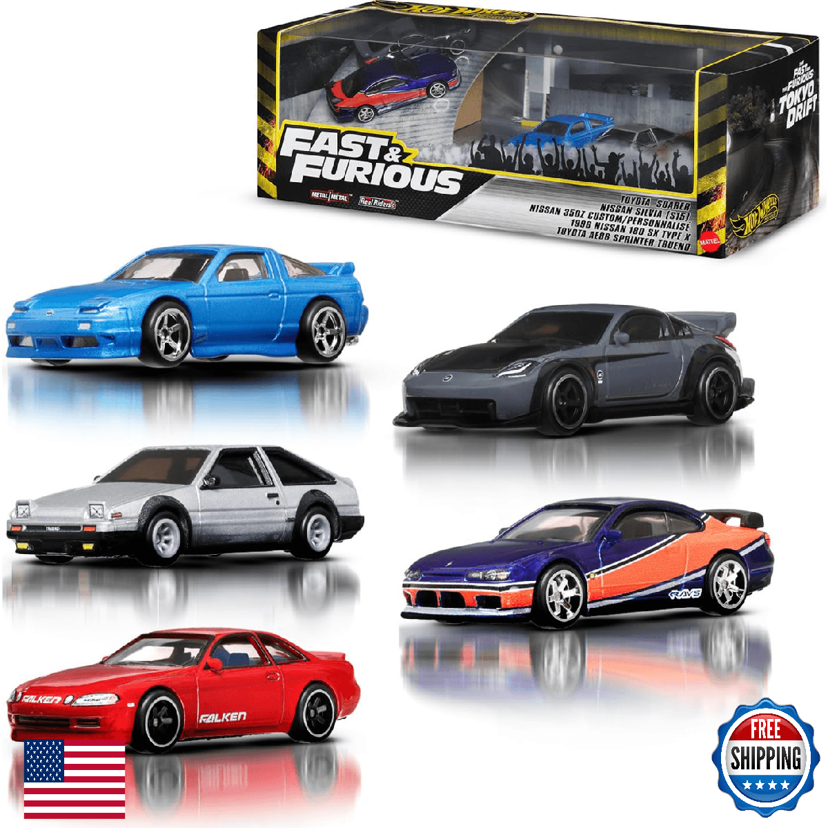 Hot Wheels Toy Cars, Premium Fast & Furious Tokyo Drift Bundle, 5 1:64 Scale Die - Image 1