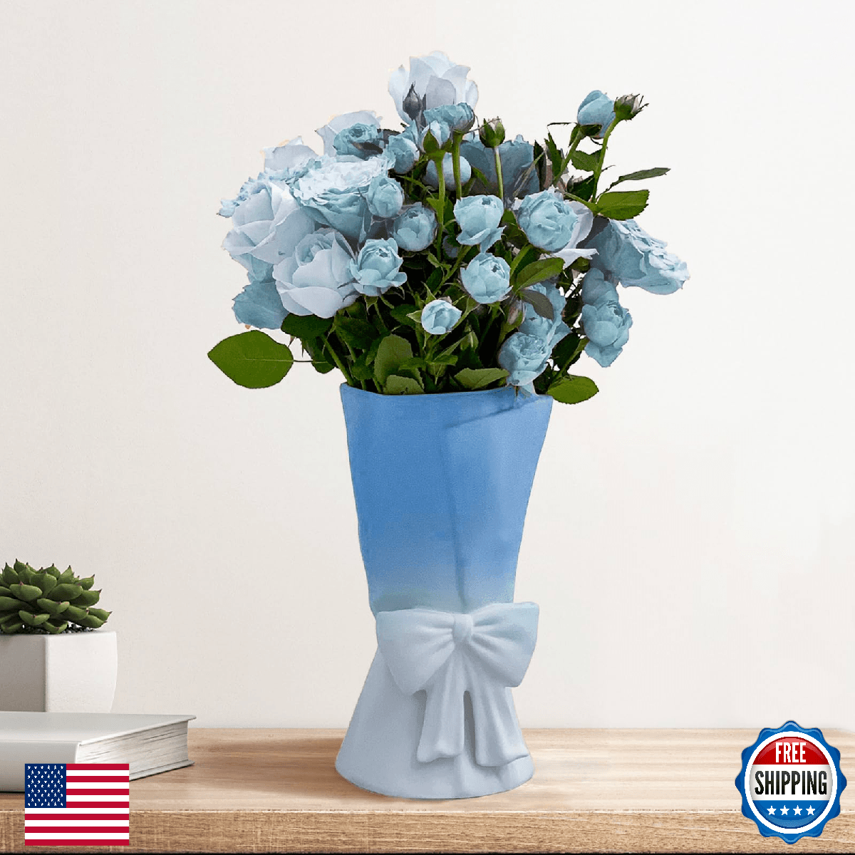 Relexome Gradient Blue White Ceramic Bow Vase 9.64in Unique Modern Decor - Image 1