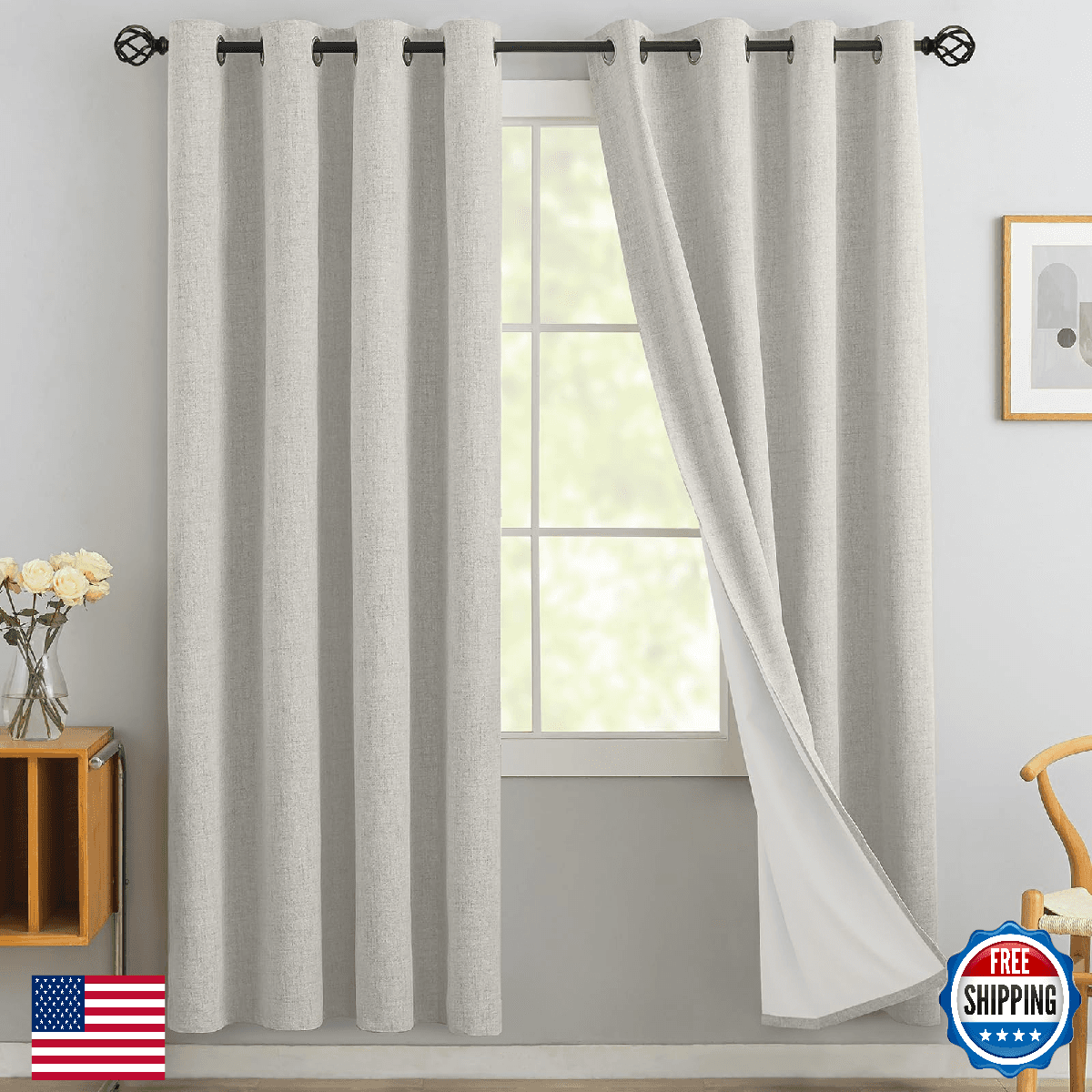 Yakamok Cream Linen 100% Blackout Curtains 72" Long Room Darkening Textured - Image 1