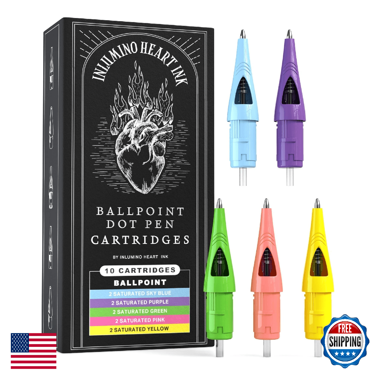 Inlumino Heart Ink Ballpoint Pen Cartridges – Saturated Ink – Tattoo Practice Ca - Image 1