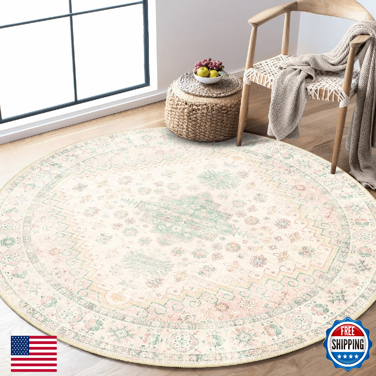 MUJOO Round Rug 4ft Small Circular Washable Area Rug Entryway Bedroom Kitchen No - Image 1
