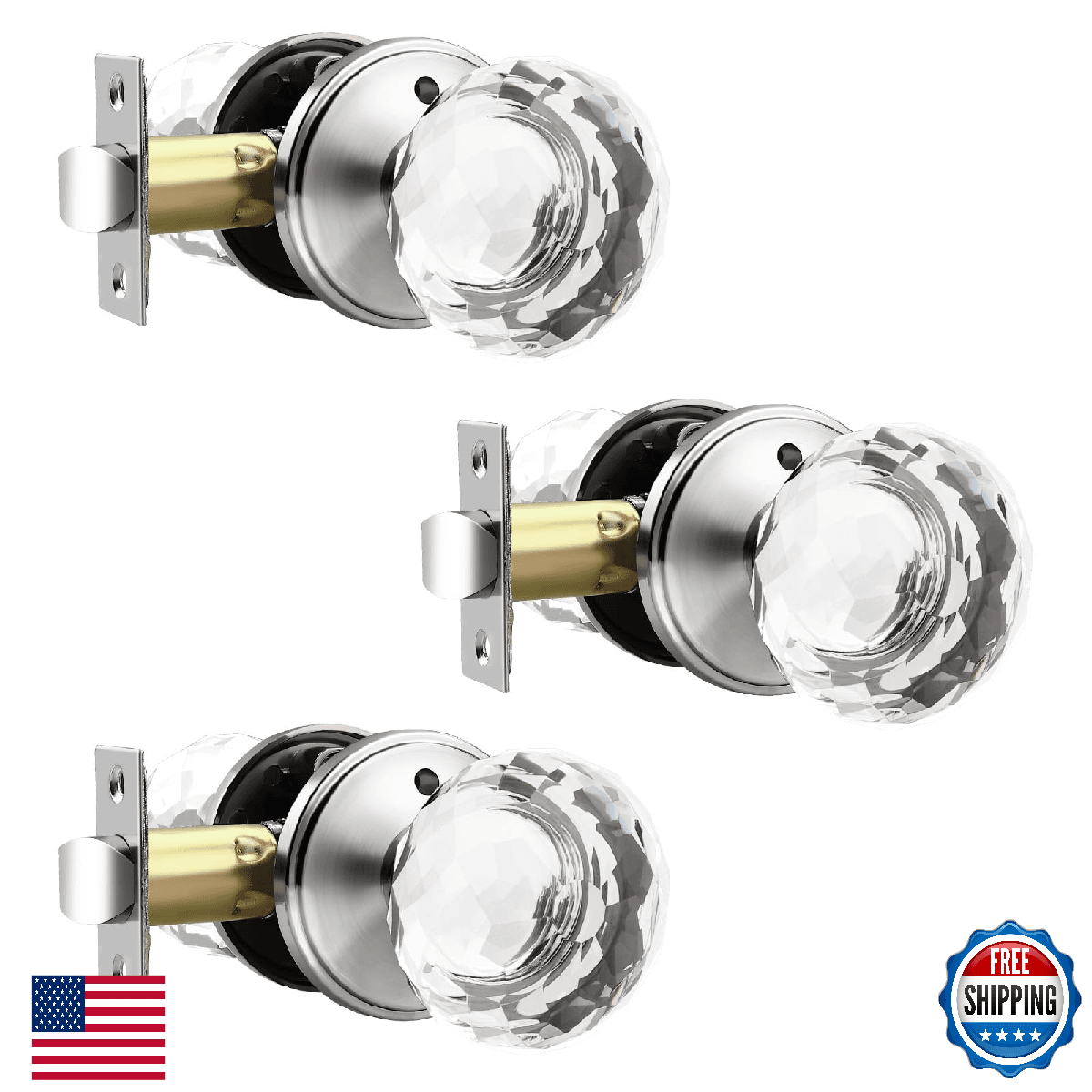 Lepushom 3 Pack Crystal Door Knobs Interior, Elegant Satin Nickel Glass Door Kno - Image 1
