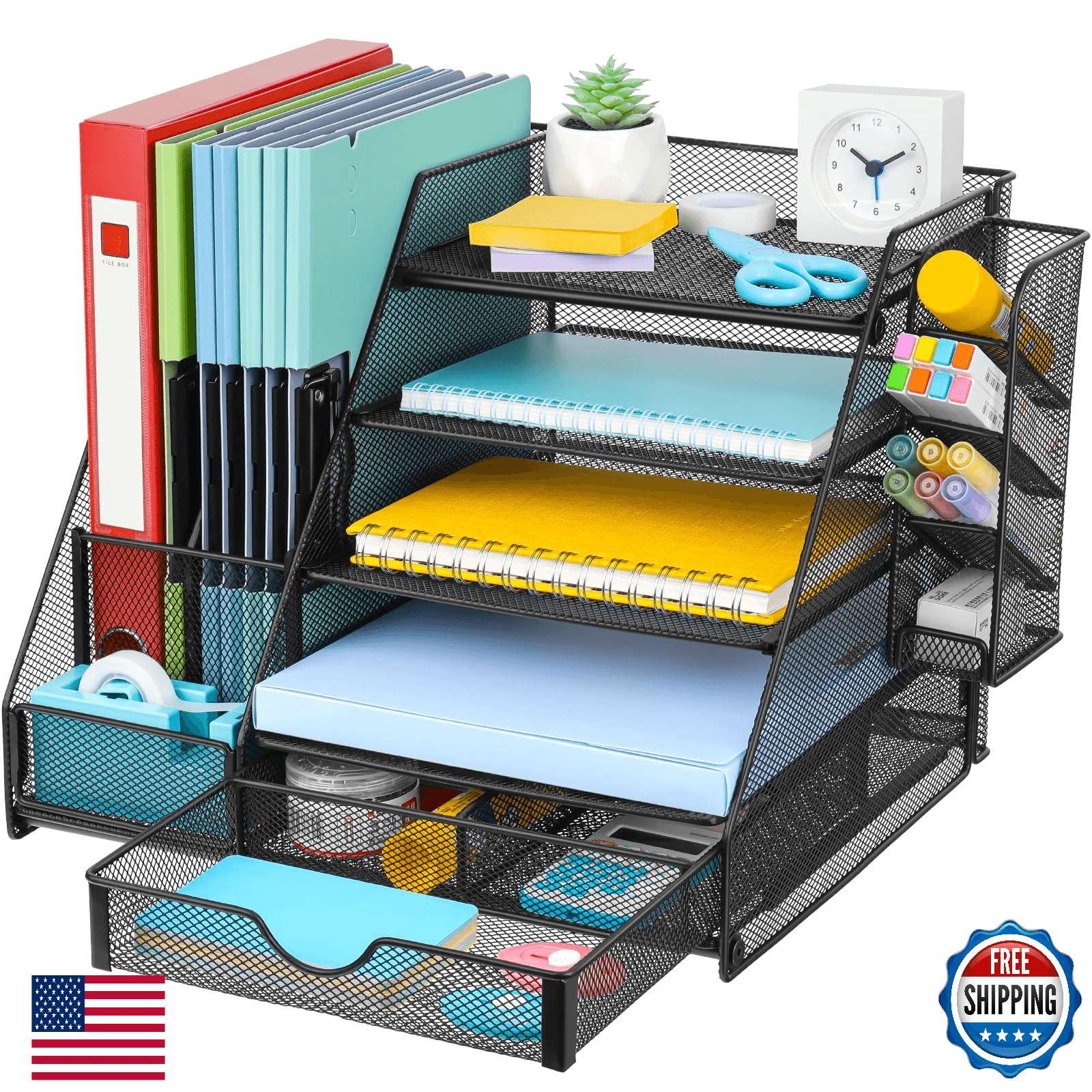 GALASALA Mesh Desk Organizer: 5-Tier Letter Tray, Vertical File & Pen Holder - Image 1