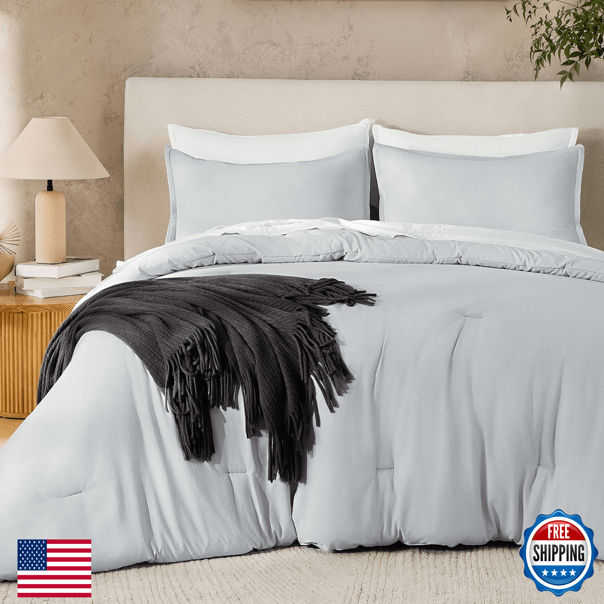 Andency Silver Grey Twin Comforter Set, 2pc Lightweight Boho Fluffy Bedding - Image 1