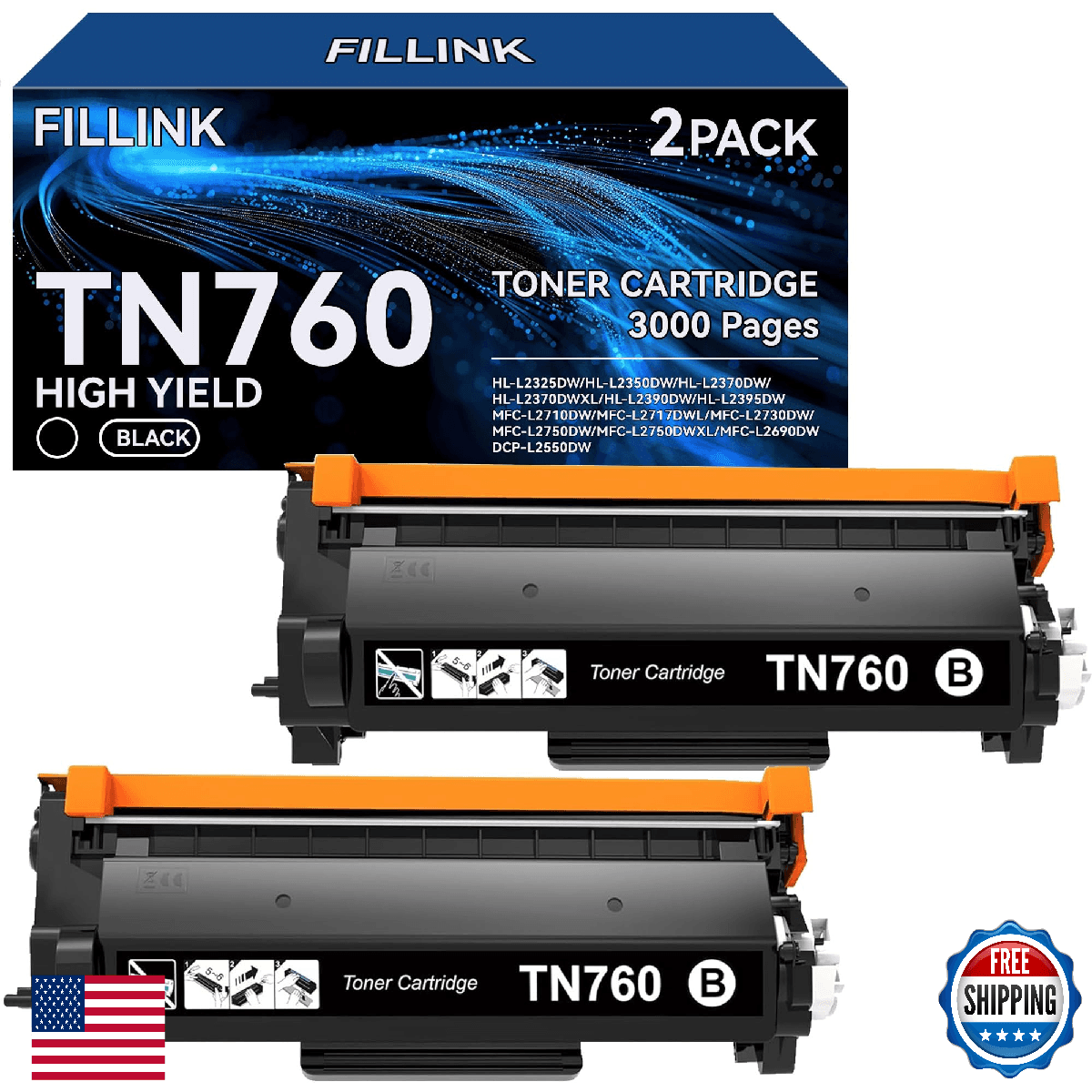 Brother TN760 High Yield Black Toner Cartridges 2-Pack for HL-L2350DW HL-L2395DW - Image 1