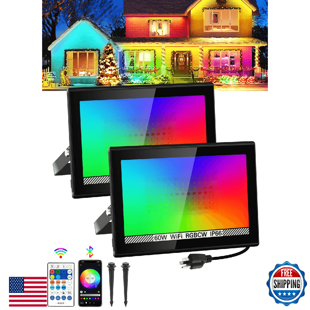 T-SUN RGB Flood Lights Outdoor 2 Pack 60W Color Changing Landscape LED with APP - Image 1