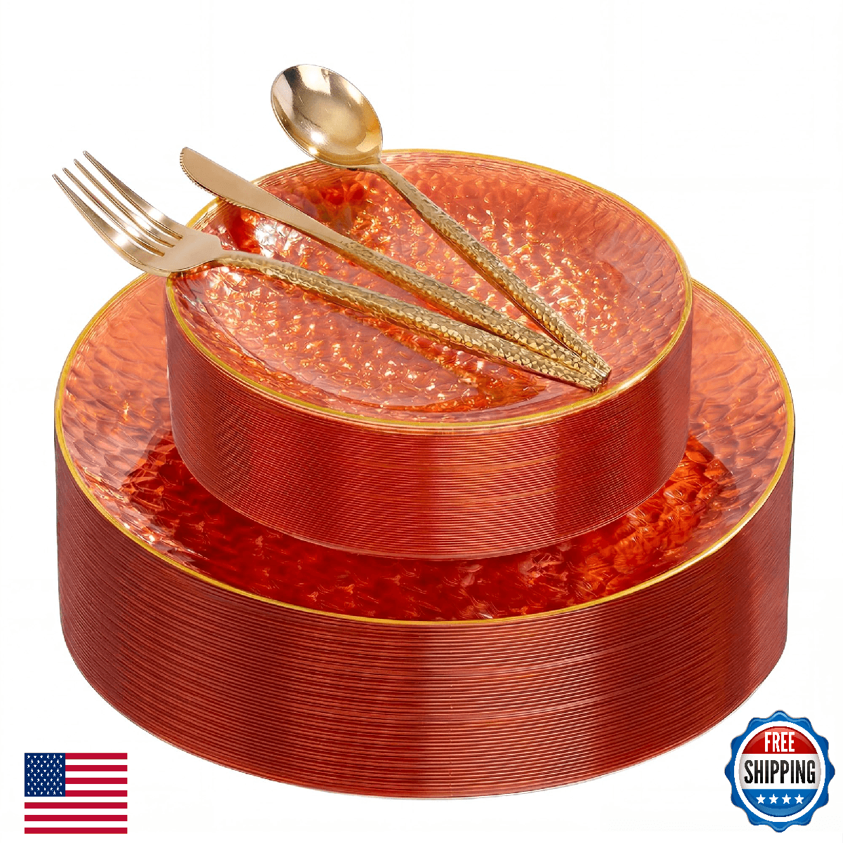 I00000 150Pcs Clear Orange Plastic Plates with Gold Rim,Orange Disposable Plasti - Image 1