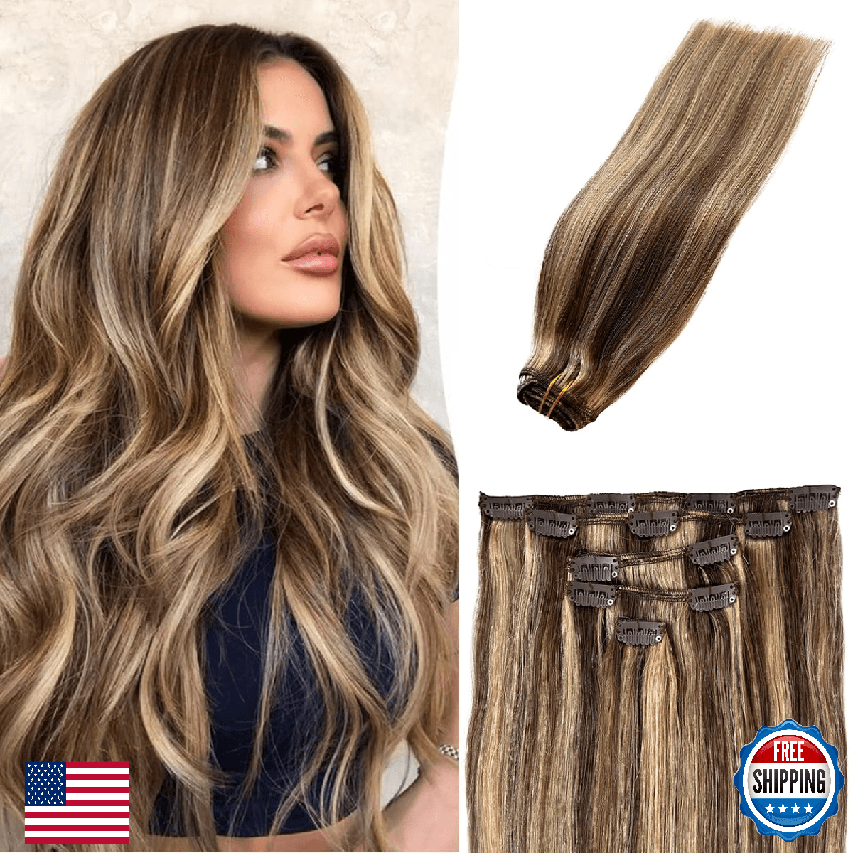 4/27 Blonde and Brown Clip in Hair Extensions Human Hair for Women 22 Inch Long - Image 1