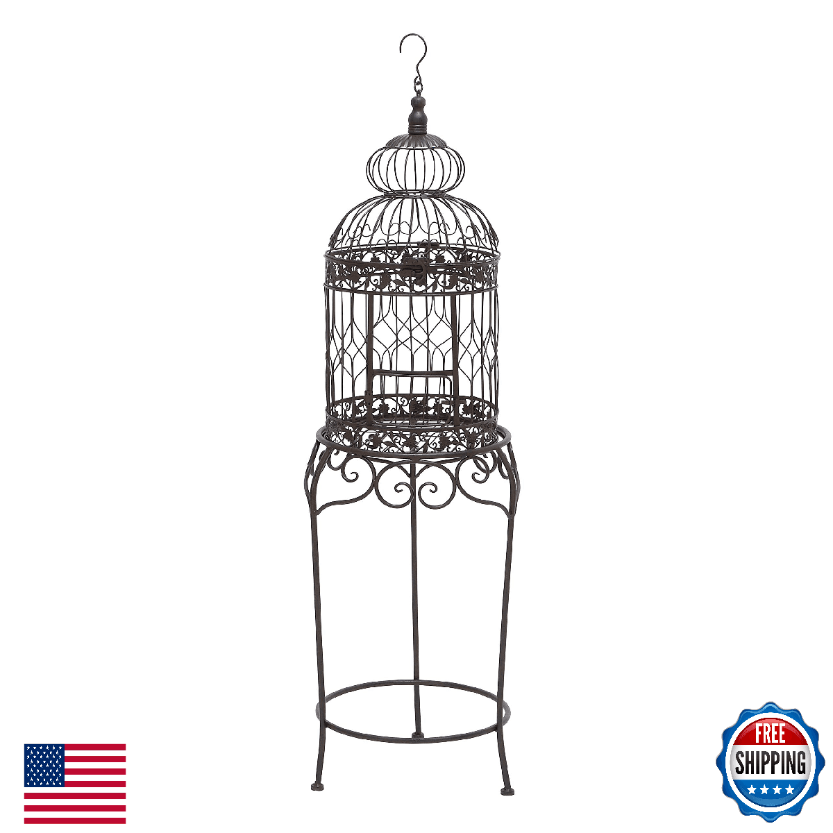 Deco 79 Vintage Metal Free-Standing Birdcage 14in x 14in x 47in Black - Image 1