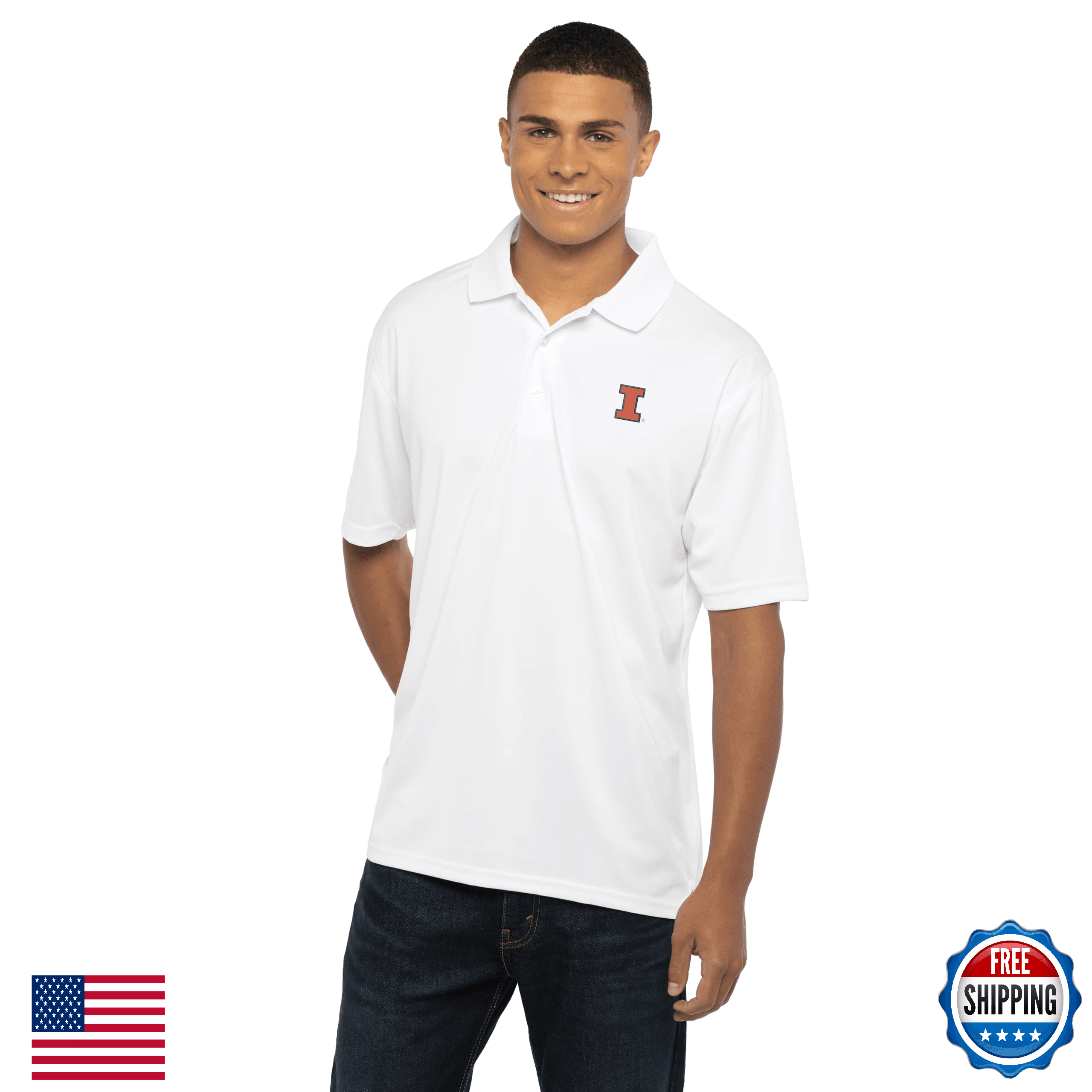 Vantage Apparel Men's Collegiate Premium Moisture Wicking White Icon Polo, Illin - Image 1