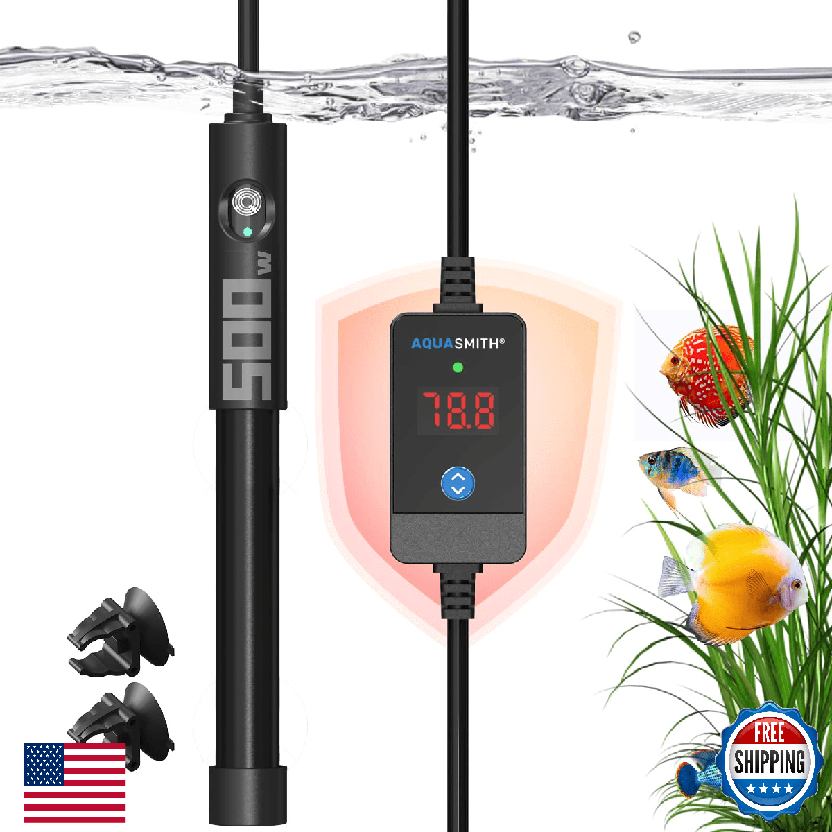 AQUASMITH Aquarium Heater,50w/100w/150w/200w/300w/500w Submersible Fish Tank Hea - Image 1