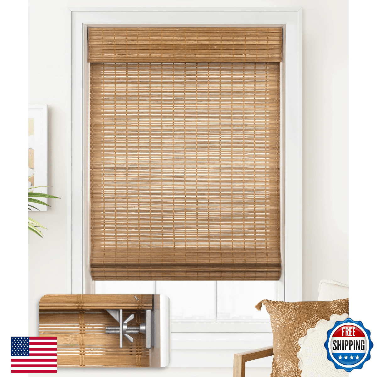 LazBlinds Cordless Bamboo Roman Shades Light Filtering Window, No Tools/Drill - Image 1