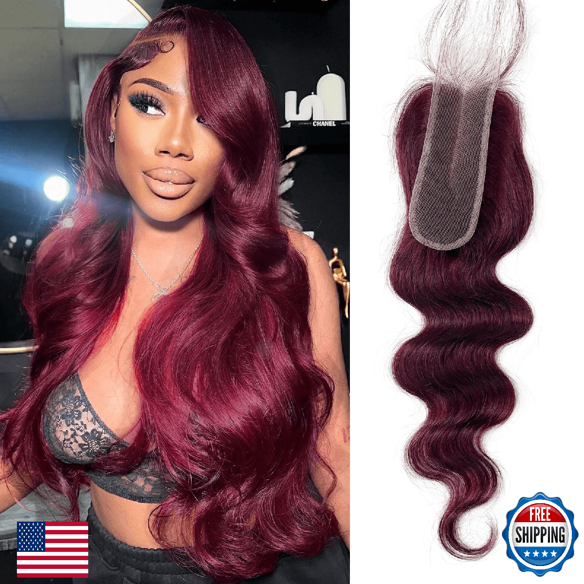 2x6 HD Lace Closure 99j Burgundy Body Wave Transparent 18" 100% Brazilian Virgin - Image 1