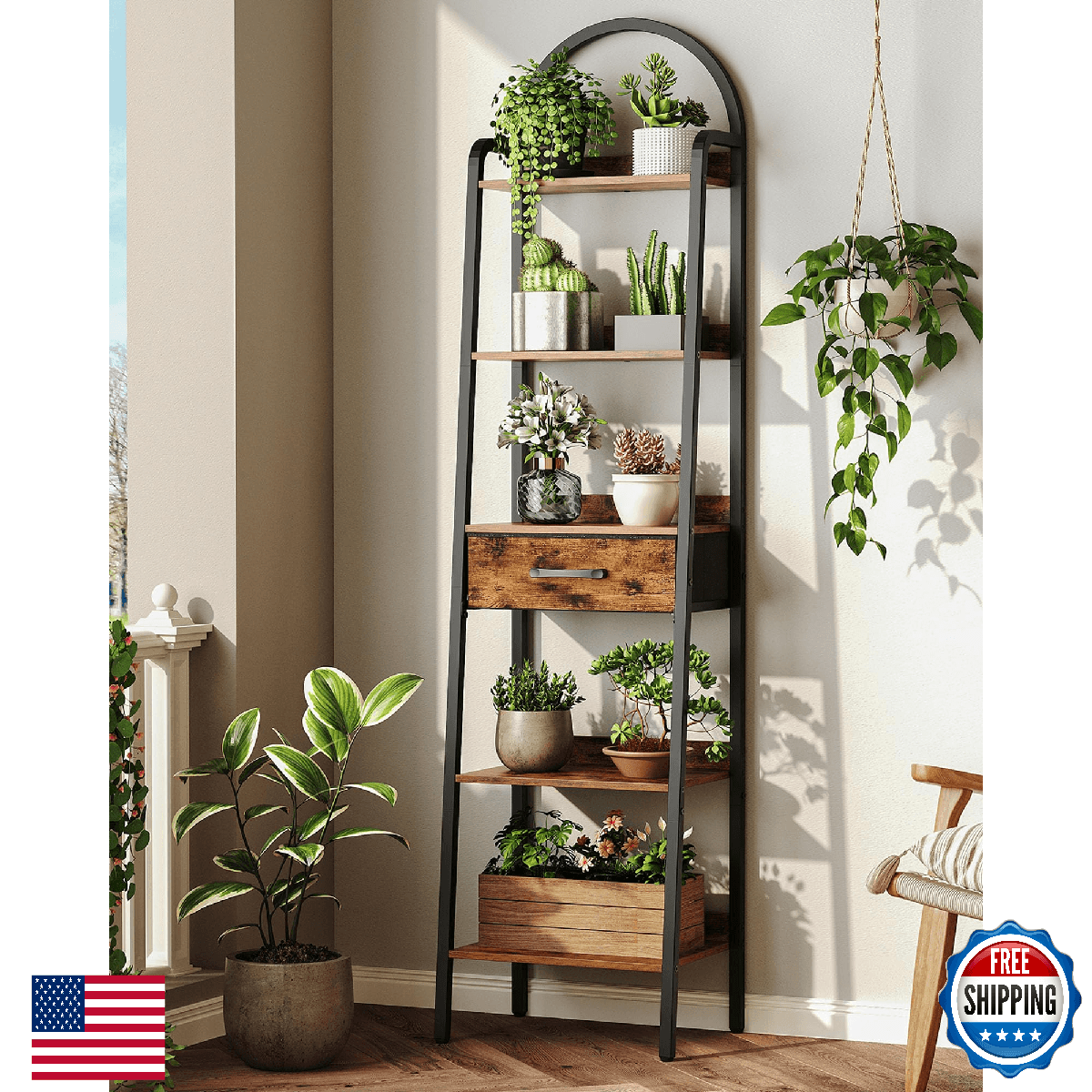 CHOEZON 5 Tier Ladder Shelf with Drawer, Tall Ladder Bookshelf, Standing Bookcas - Image 1