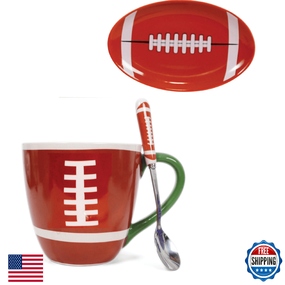 Football Coffee Mug Set w/ Spoon & Coaster - Ceramic Soccer Themed Gift - Image 1