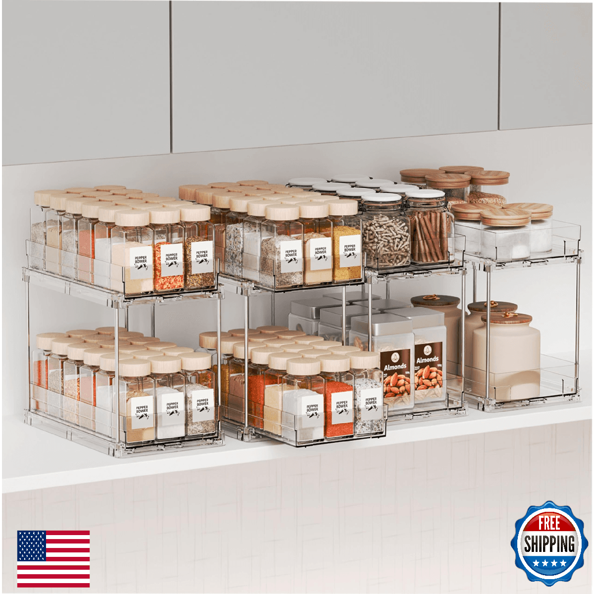 Yieach 4 Pack 2 Tier Vertical Spice Rack Pull Out 10.4'' Deep Narrow Slide Out S - Image 1