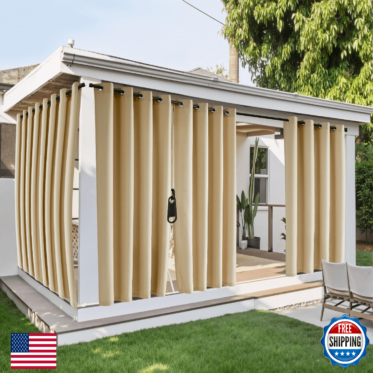 NICETOWN Outdoor Curtains for Patio Waterproof with Zipper Connects 2 Panels, W5 - Image 1