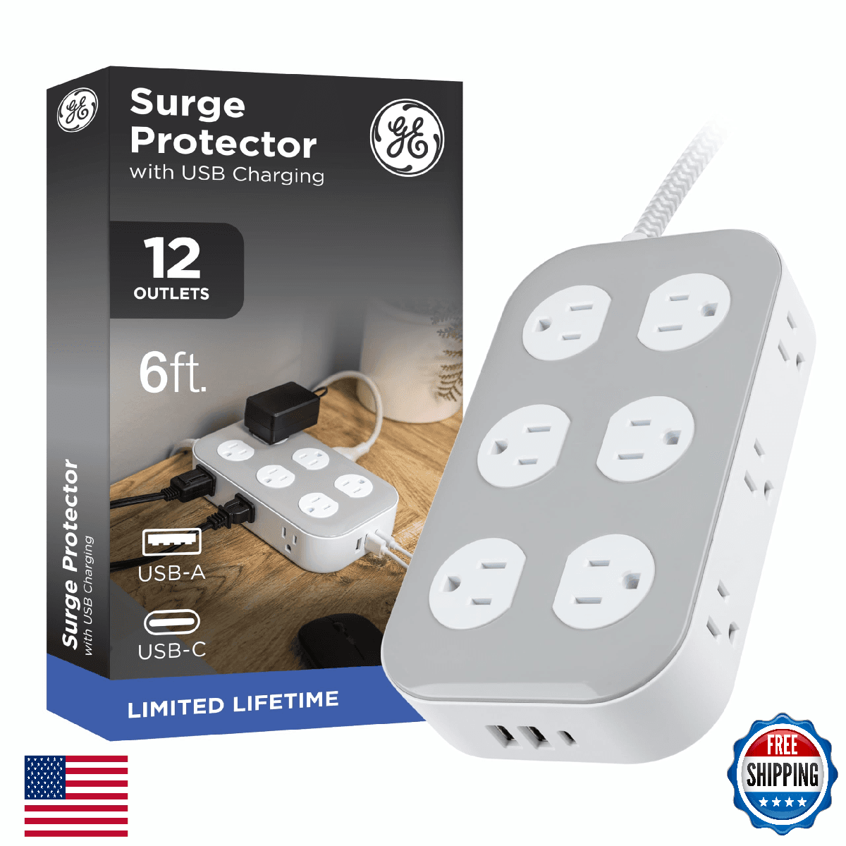 GE 12-Outlet Surge Protector with 6ft Braided Cord, Power Strip, Extension Cord, - Image 1