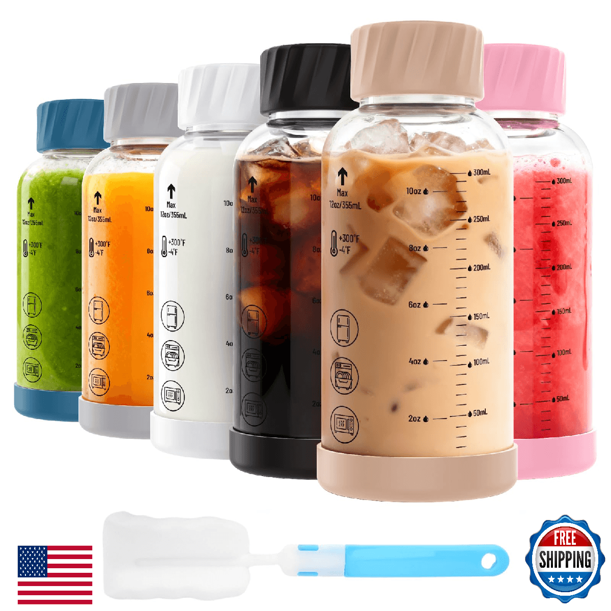 Luxfuel 12 oz Glass Juice Bottles with Lids, 6 Pack Borosilicate Glass Bottles w - Image 1