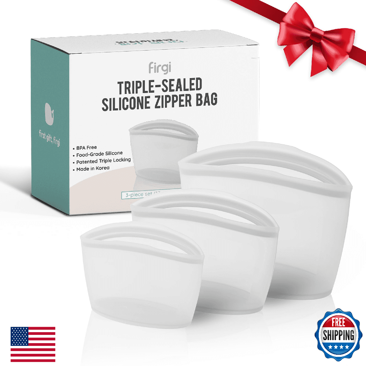Firgi Premium Platinum Silicone Reusable Food Storage Bags 3-Pack (17 fl oz + 29 - Image 1