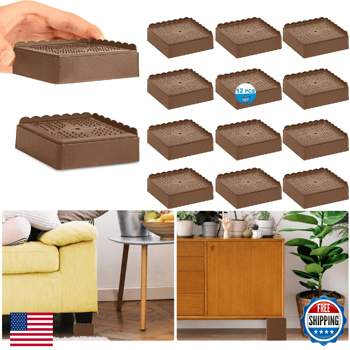 Heavy Duty Bed Risers Adjustable Furniture Riser 1 2 3 4 inch Stackable Brown 4 - Image 1