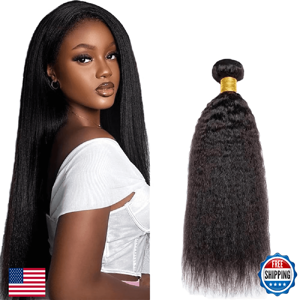 Kinky Straight Human Hair Bundles Natural Black Brazilian Virgin Hair 14" Yaki E - Image 1
