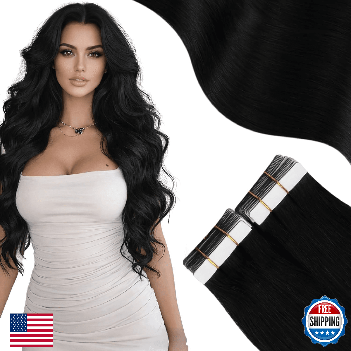 Moresoo Black Tape in Extensions #1 Jet Black Tape in Hair Extensions Human Hair - Image 1