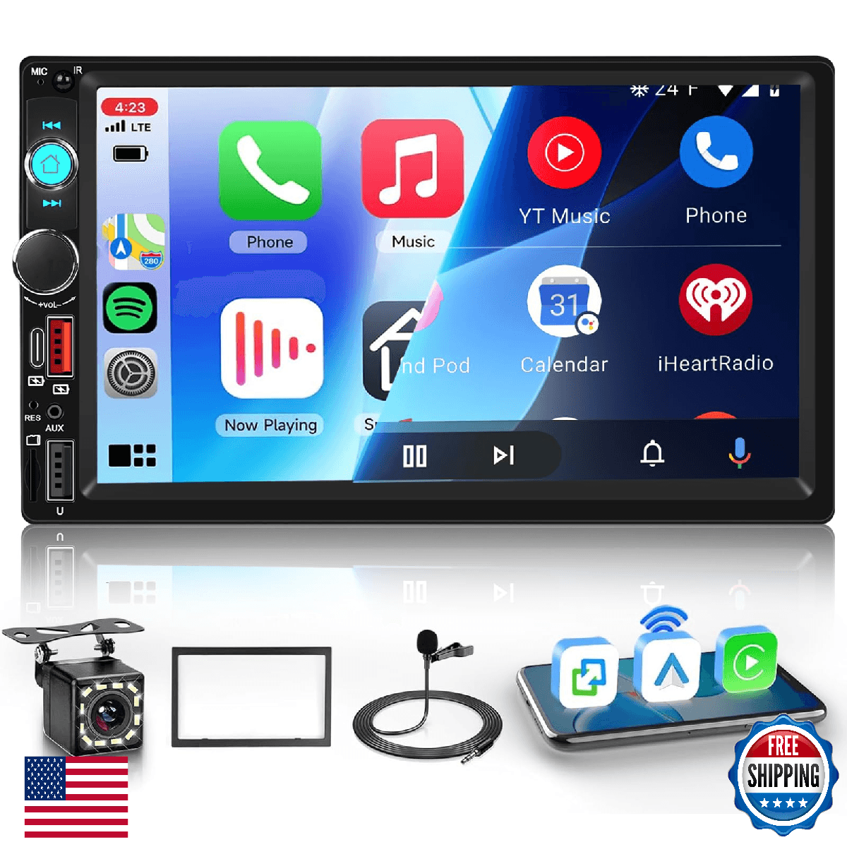 Double Din Car Stereo Bluetooth Wireless Carplay Android Auto-7 inch Touch Scree - Image 1
