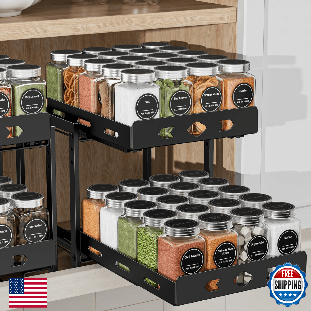BOIVSHI 2-Tier Cabinet Spice Rack Adjustable Vertical Kitchen Organizer Metal - Image 1
