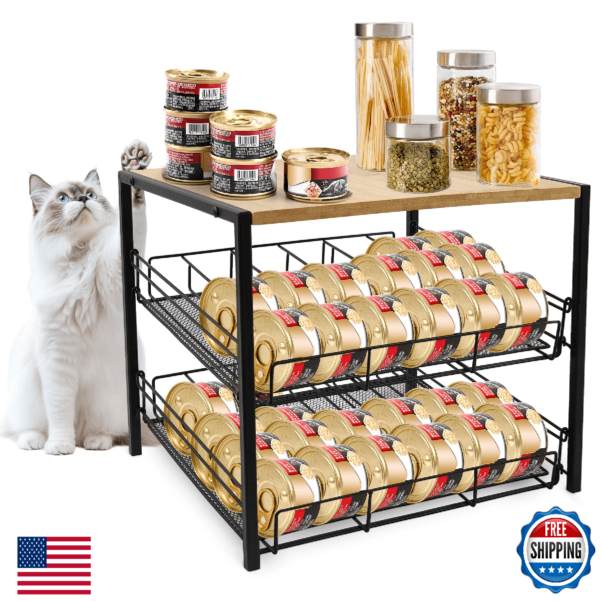 PWSOMJ Bamboo & Iron Cat Food Organizer for Pantry, 2-Tier Can Stackable Storage - Image 1