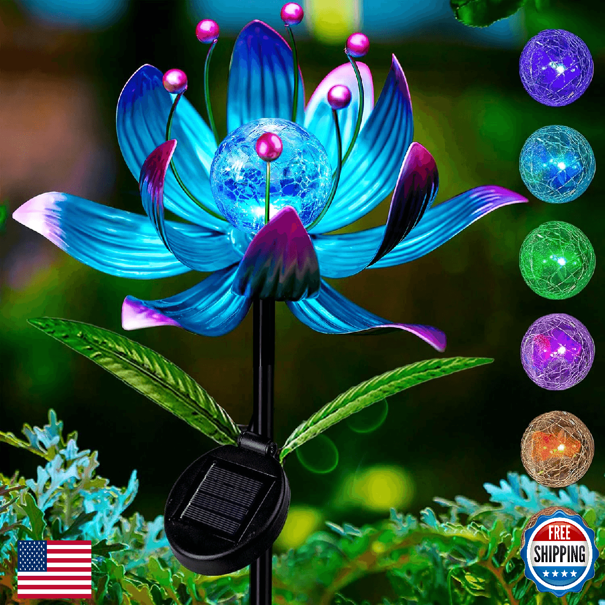 Solar Wind Spinner Outdoor Metal Kinetic Lotus Flower Garden Sculpture Spin - Image 1
