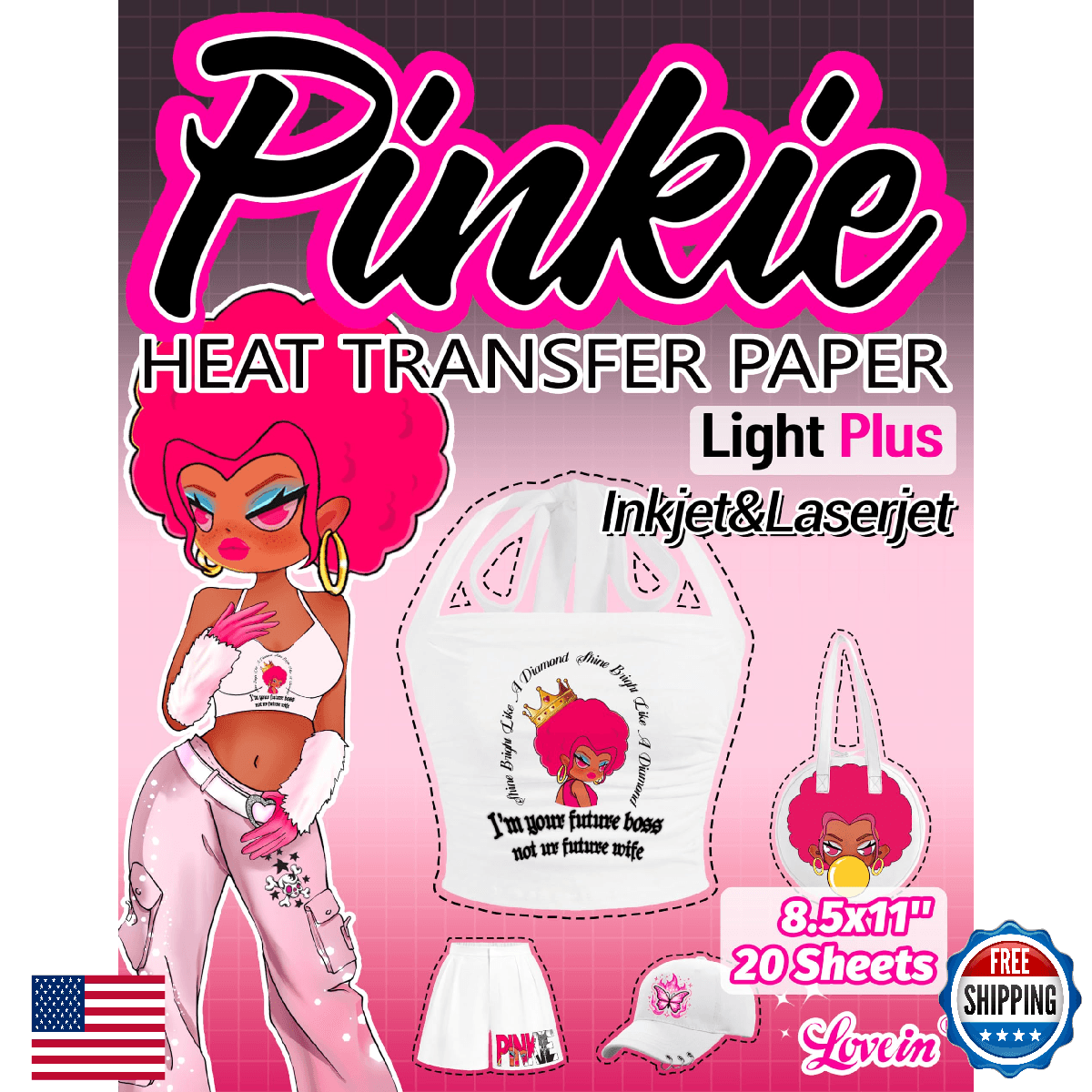 Lovein Pinkie Iron On Heat Transfer Paper for T-Shirts, Light Fabric, 20 Sheets - Image 1