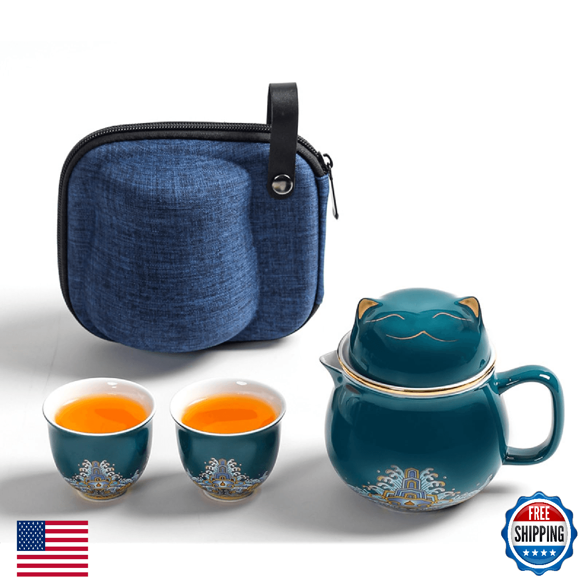 DEARART Lucky Cat Tea Mug w/ Strainer Infuser, Lid, Saucer - Ceramic, 2-Cups - Image 1