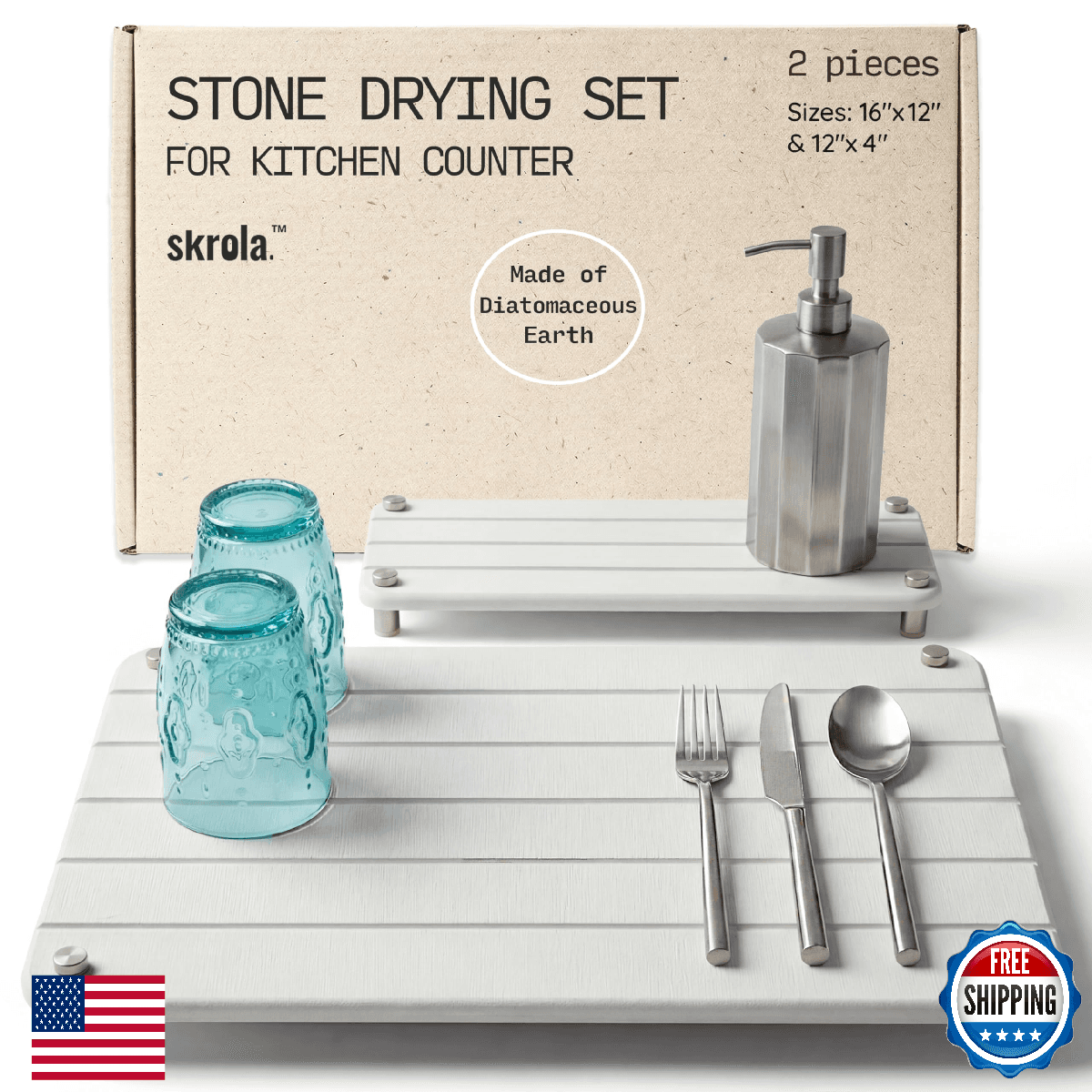 SKROLA 2 Piece Stone Drying Mat Set with Sanding Paper 16x12 Inch Diatomite Dish - Image 1