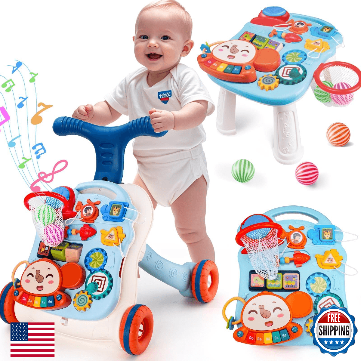 AuntyFey Baby Walker, 3 in 1 Push Walker for Baby Girls Boys, Baby Walking Toy f - Image 1