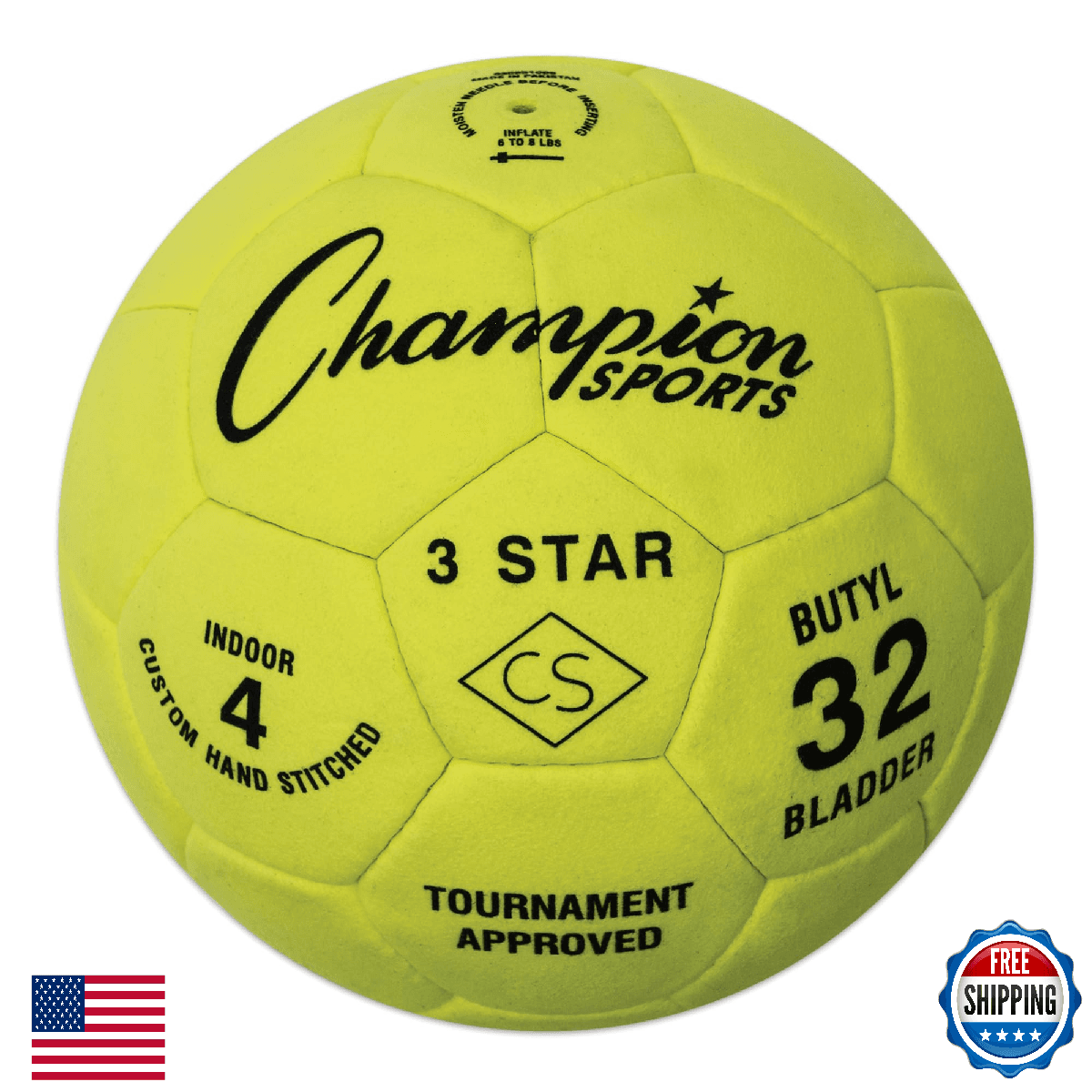 Champion Sports 3-Star Indoor Soccer Ball, Size 4, Yellow, Hand-Stitched