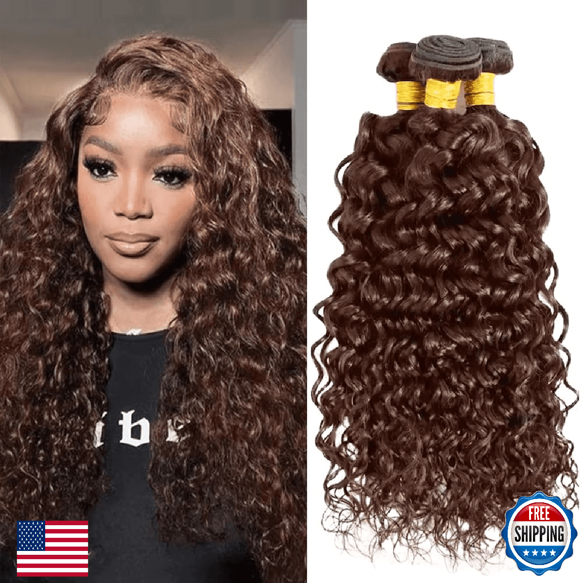 22 22 22 Inch Chocolate Brown Bundle 4 Dark Brown Water Wave Human Hair Bundles - Image 1