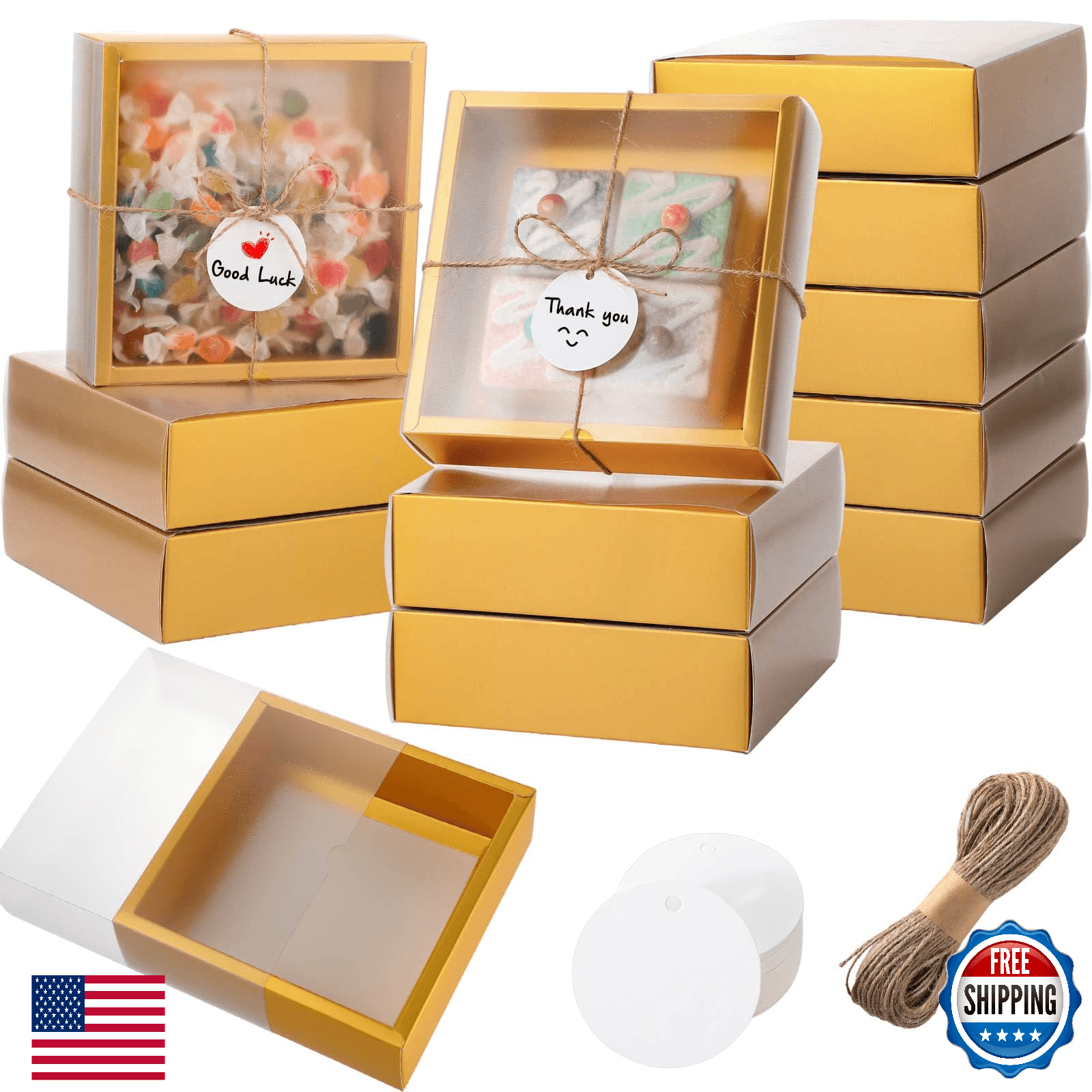 Roowest 50 Kraft Gift Boxes w/ PET Window, Blank Tags & Jute String - Image 1