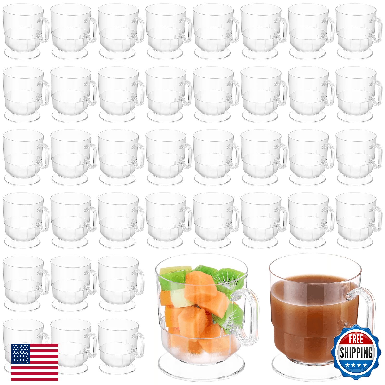 Dandat 50x Clear Hard Plastic 8oz Coffee Tea Cups with Handle - Disposable/Reusa - Image 1