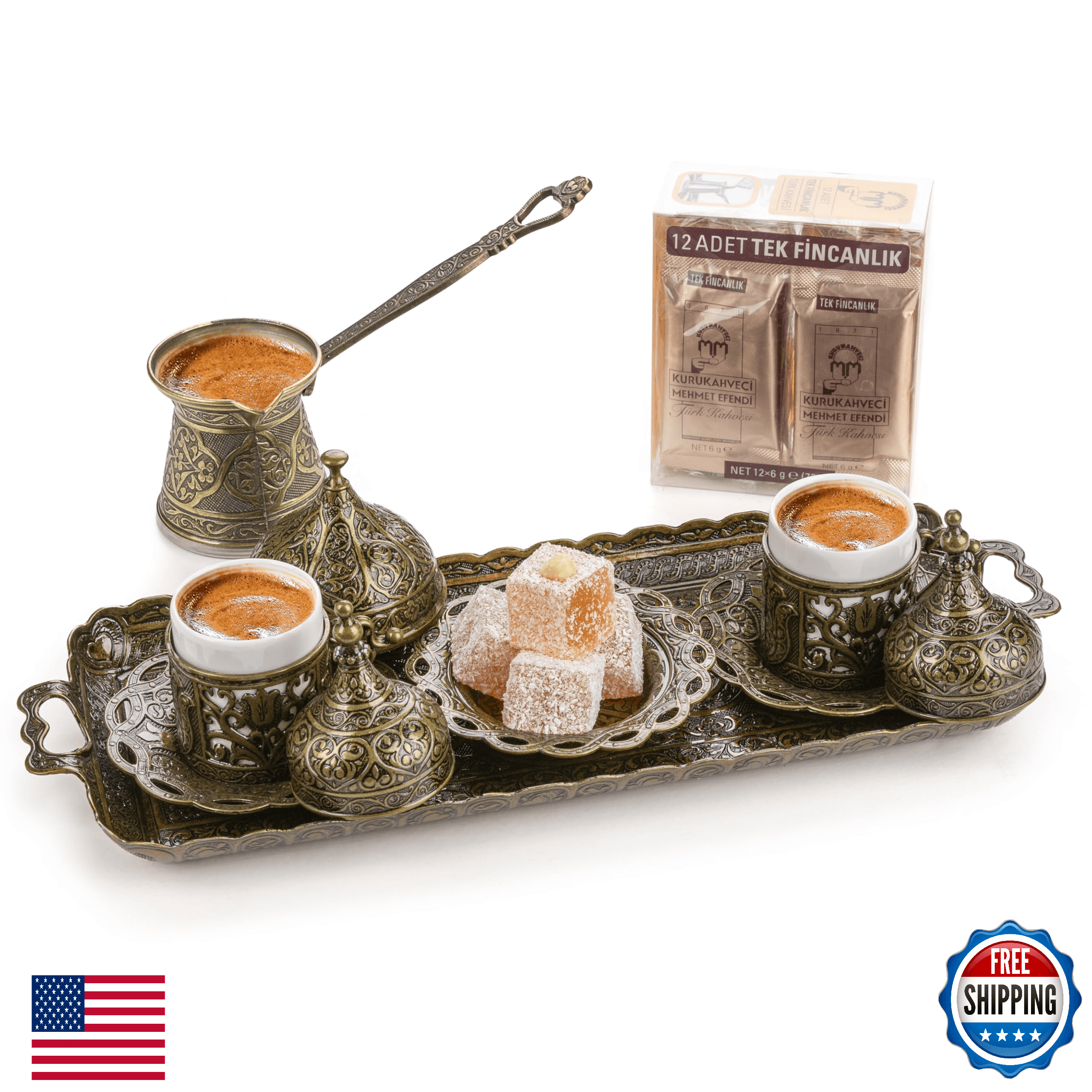 Alisveristime 12-Person Turkish Coffee Set, Cezve, Cups, Tray - Ottoman Style - Image 1