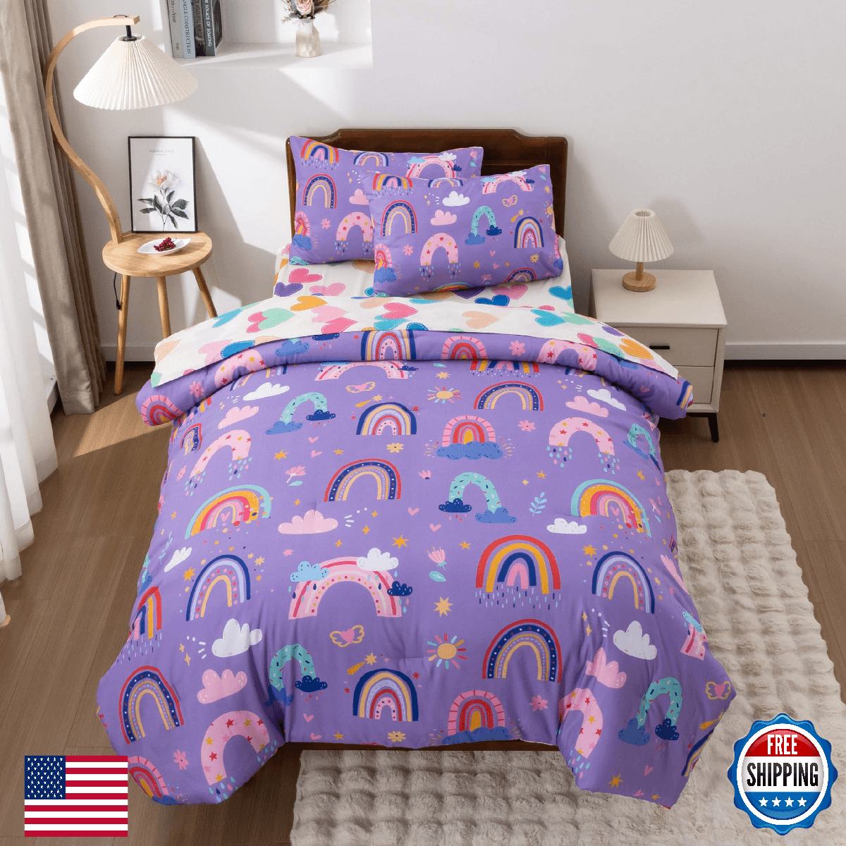 Btargot 5 Piece Dark Purple Rainbow Comforter Set for Girls Boys Kids, Twin Size - Image 1