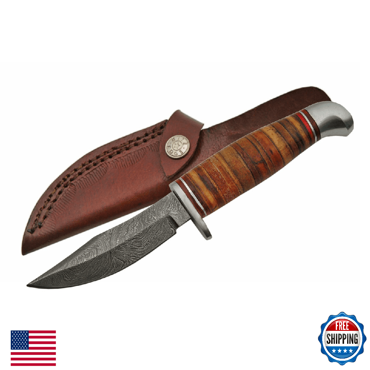 SANZ Damascus 8" Skinning Hunting Knife - Leather Handle, Full Tang, W/ Sheath - Image 1