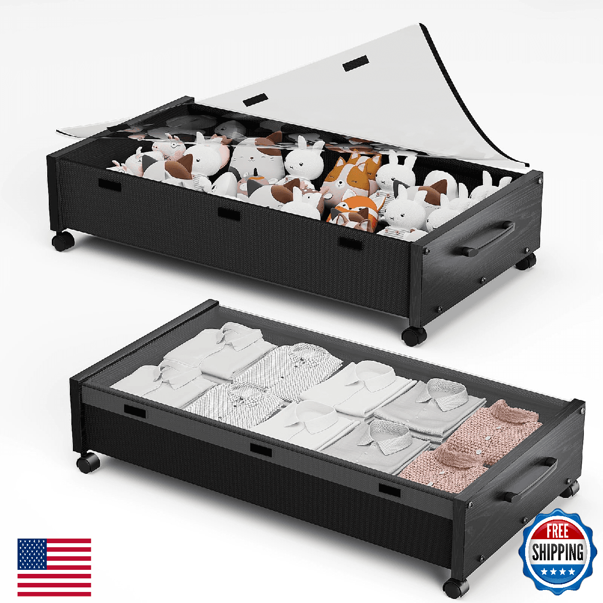 KITHELP Wooden Under Bed Storage with Wheels, Rolling Under the Bed Storage Bins - Image 1
