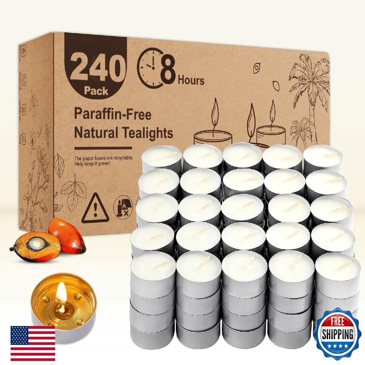 Unscented Tea Lights Candles 240 Pack, 8 Hours Long Burning,White Tea Candles Bu - Image 1