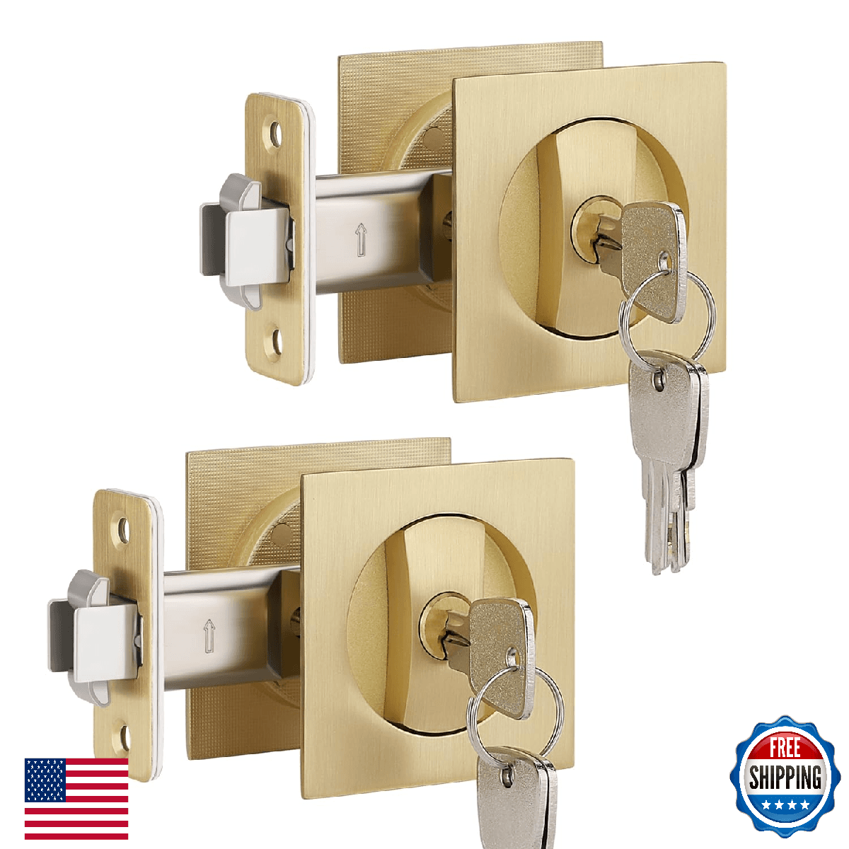 EHOMEWARE 2 Pack Gold Pocket Door Handles Lock Keyed Alike Heavy Duty Recessed F - Image 1